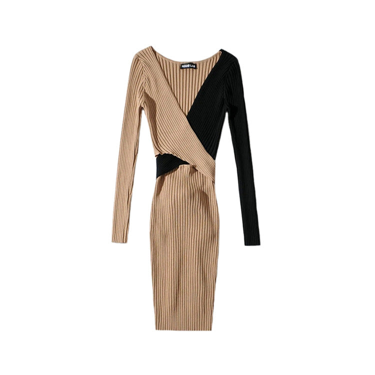Women Khaki Patchwork Black Dress Long Sleeve Knitted Elastic V-neck Mini Dresses Slim Dress