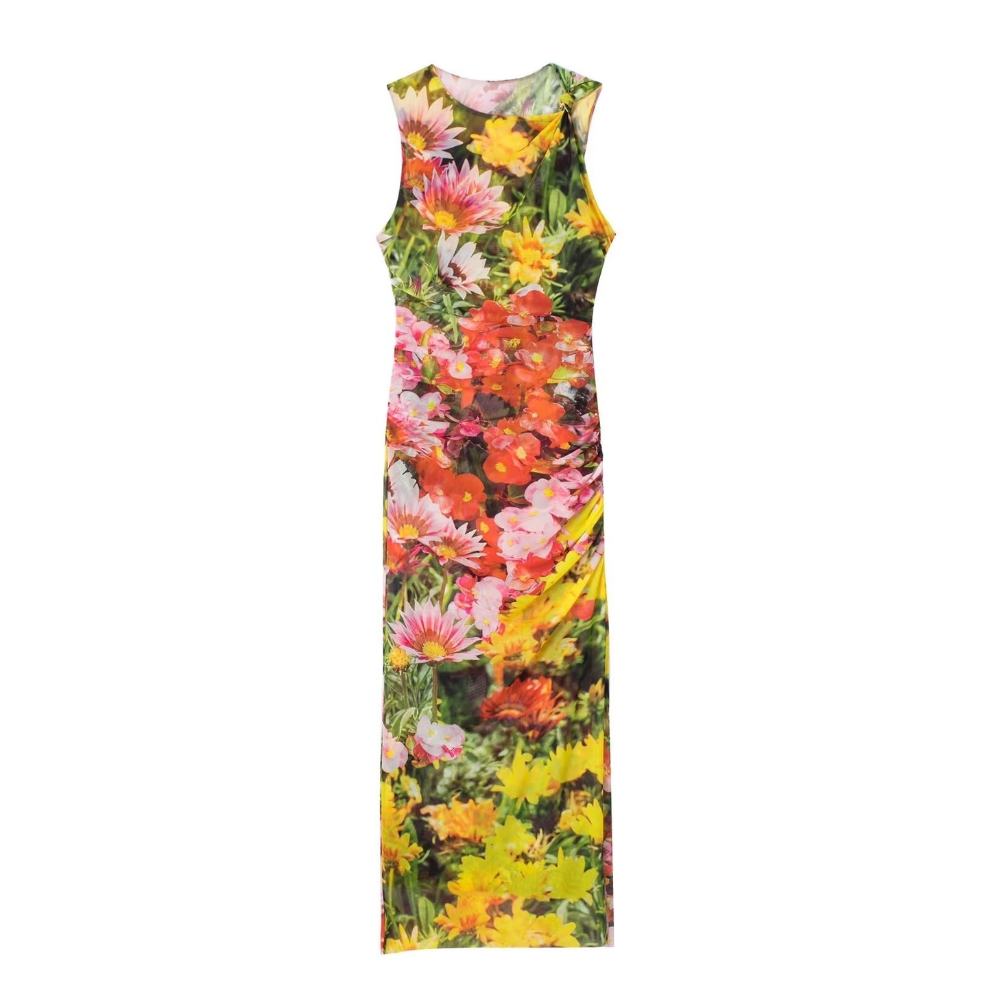 Women Sleeveless Maxi Dress Traf With A-Line O Neck Tulle Female Fashion Summer Casual Printted Sexy Vent Dresses