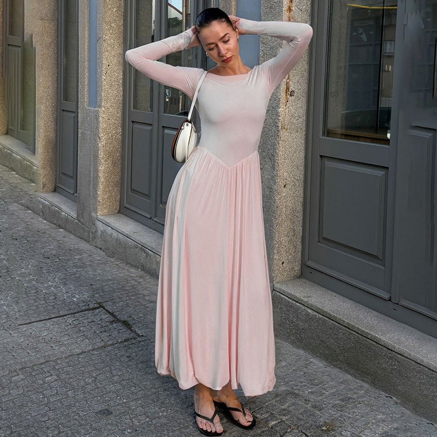 Round Neck Fitted Long Sleeve Maxi Dress with Design Sense