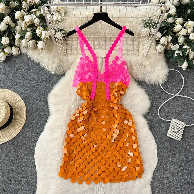 Strap Dress for Women Summer New Hollow Out Spliced Dresses Fashion V Neck A-Line Mini Vestidos