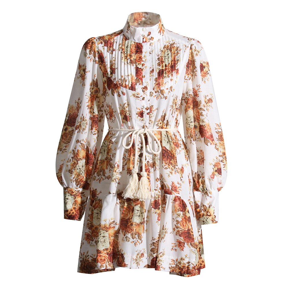 Autumn Mini Dress For Women Stand Collar Lantern Sleeve High Waist Print Floral Colorblock Dresses Female Clothing