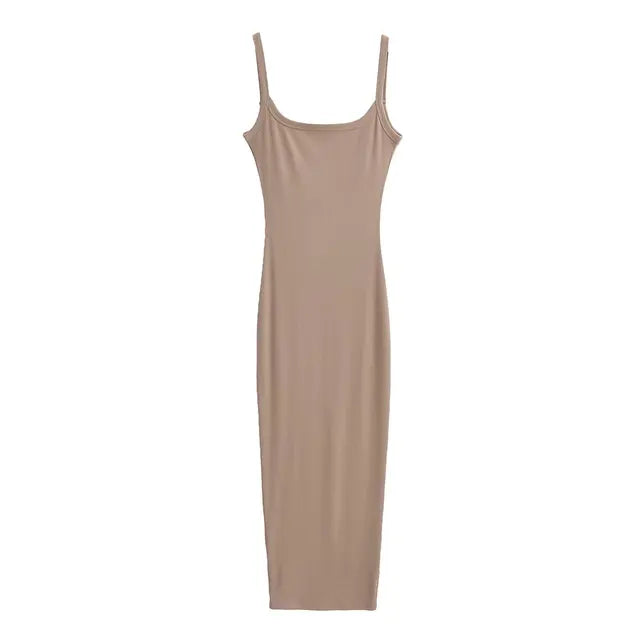 Women Sexy Backless Midi Dress Summer Spaghetti Strap Solid Color Stretchable Slim Dresses