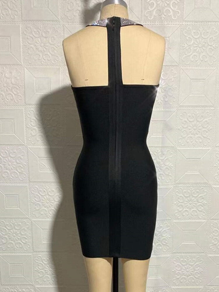 Patchwork Diamonds Dress For Women Halter Collar Sleeveless High Waist Solid Sexy Mini Dresses Summer