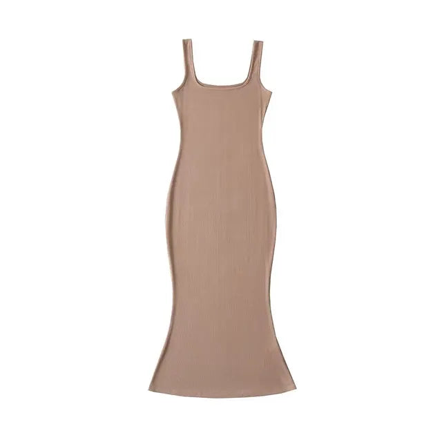 Summer Midi Mermaid Dress Women Sleeveless Square Collar Stretchable Slim Dresses