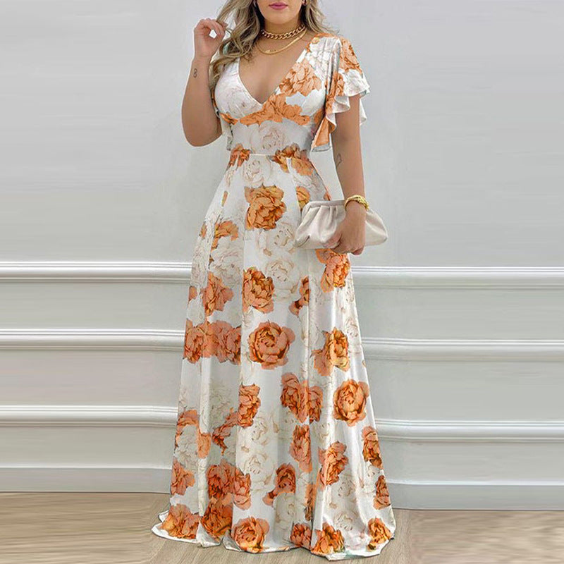 Sexy Ruffle Sleeve Printed Maxi Dress