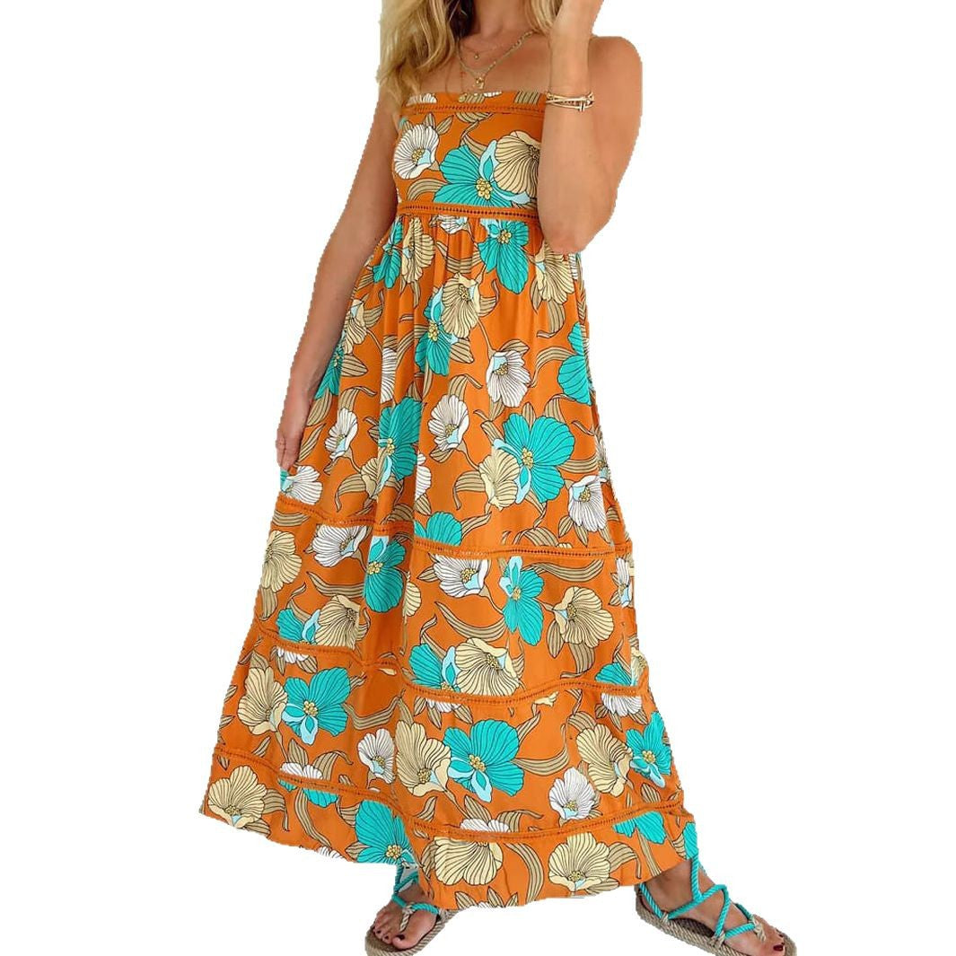 Bohemian Strap Leaf Print Maxi Dress with Crochet Trim in Orange
