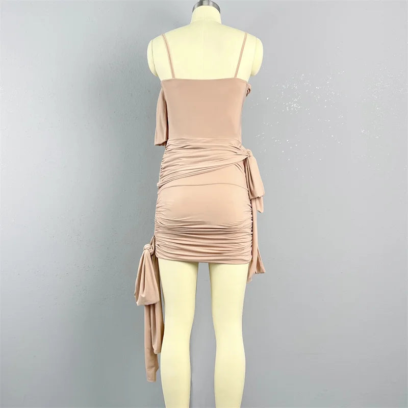 Womens dresses Spring Sexy Open Back Suspended Mini Skirt Bow decoration Long dresses Folded slim Sleeveless party dress