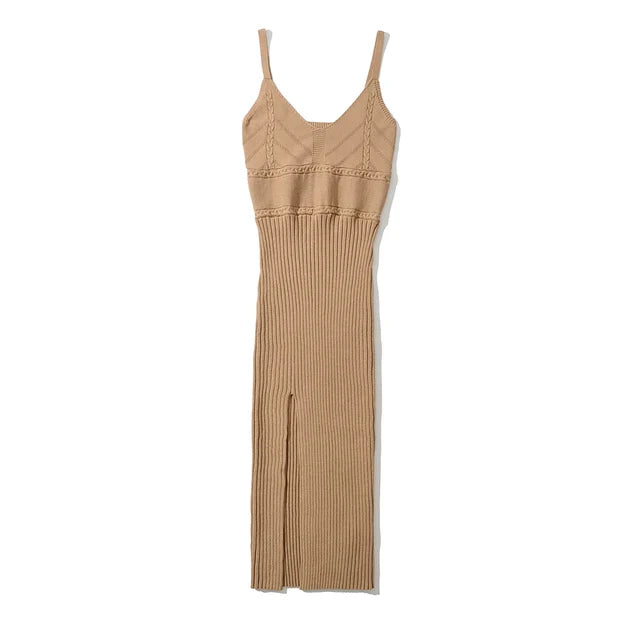 Summer V-neck Camisole Knitted Dress Women Elastic Slim Split Midi Dresses