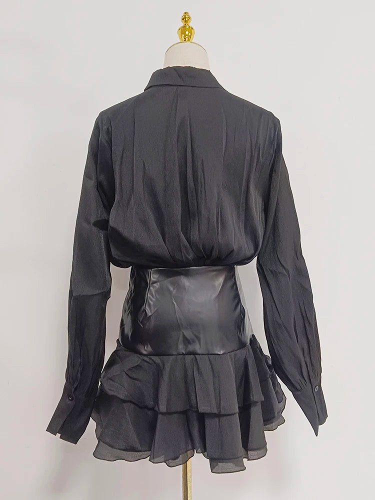 Solid Patchwork Leather Dresses For Women Lapel Long Sleeve High Waist Spliced Folds Elegant Mini Dress Female