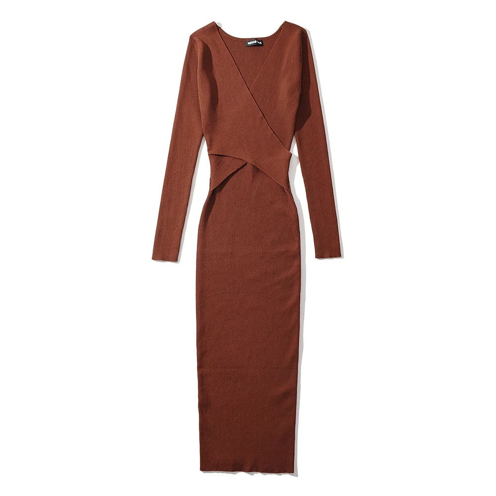 Women Long Sleeve Cross V-neck Dress Elastic Slim Midi Solid Color Dresses robe femme
