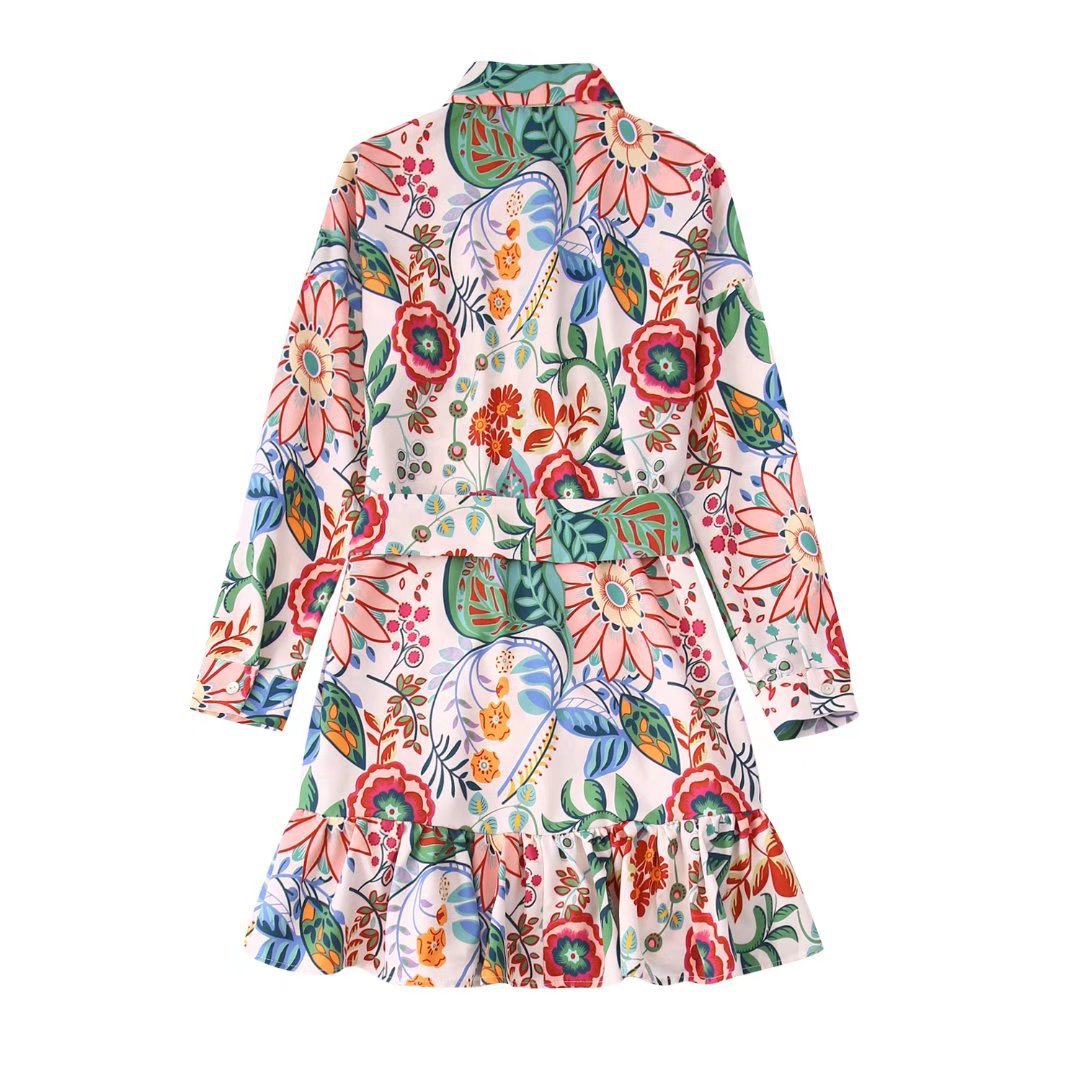 Mini Dress Woman Printed Turn Down Collar Summer Dresses For Women Long Sleeve Casual Dresses Tied Belt Femal Dressre