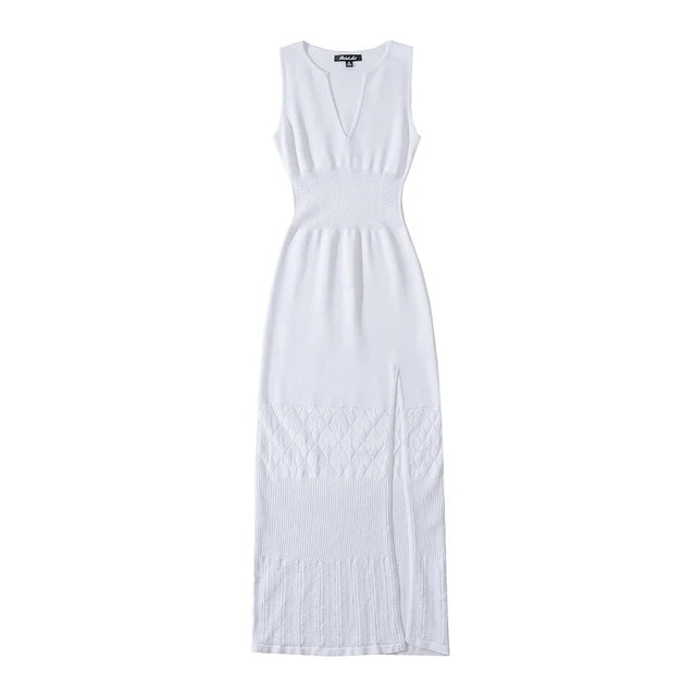 Summer V-neck Sleeveless Hollow Out Knitted Dress Women Split Stretchable Slim Midi Dresses