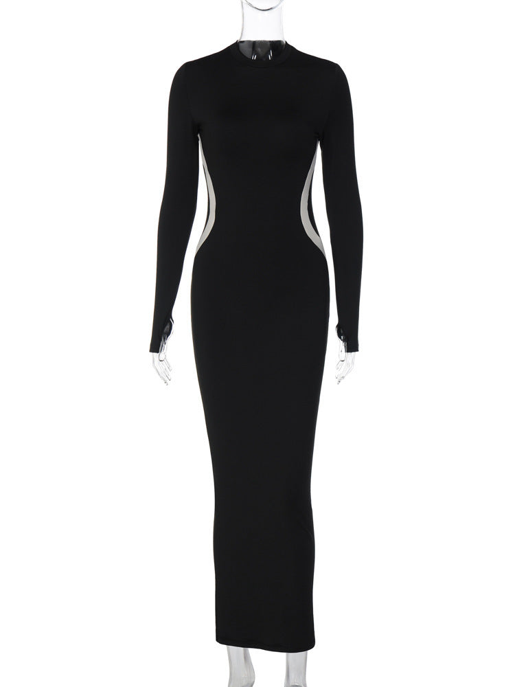 Elelgant Sexy Black Patchwork Maxi Dress Autumn O-neck Long Sleeve Bodycon Party Dresses for Women Evening Club Outfits