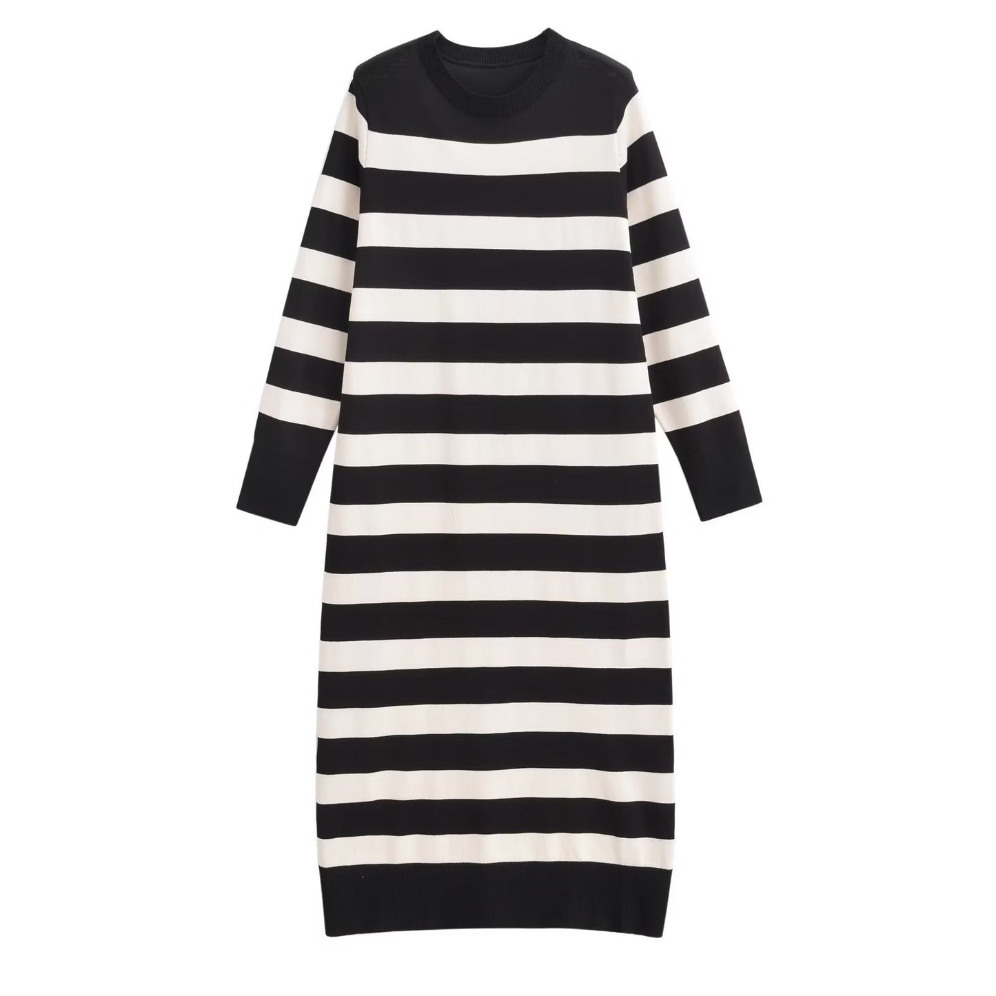 Autumn Winter Dress Women O Neck Striped Knitted Sweater Midi Dresses Loose Casual Simple Female
