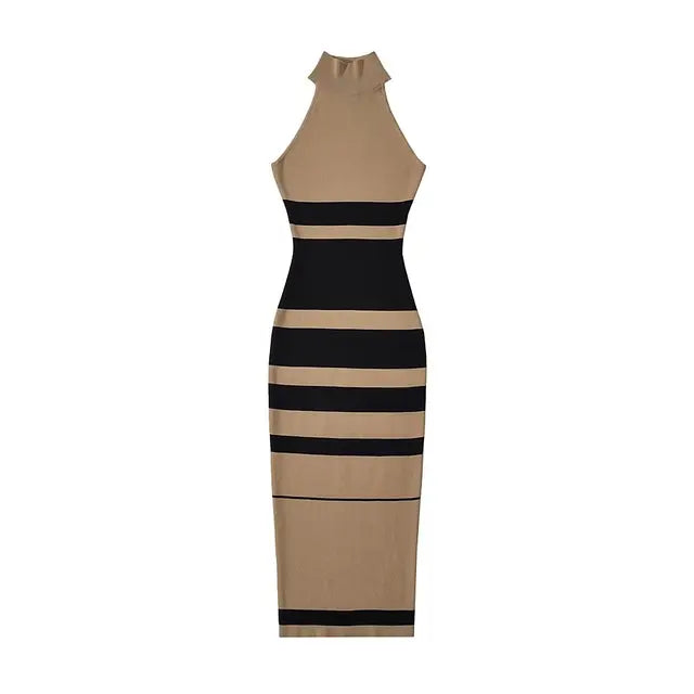 Sweater Dress For Women Sleeveless O-neck Patchwork Color Knitted Stretchable Slim Midi Dresses