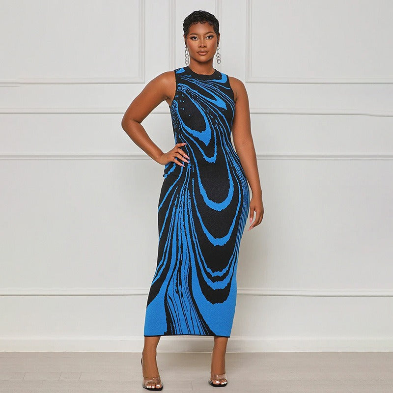Women Wave Striped O-neck Sleeveless Ribbed Birthday Bodycon Midi Maxi Dress INS Sexy Party Dresses