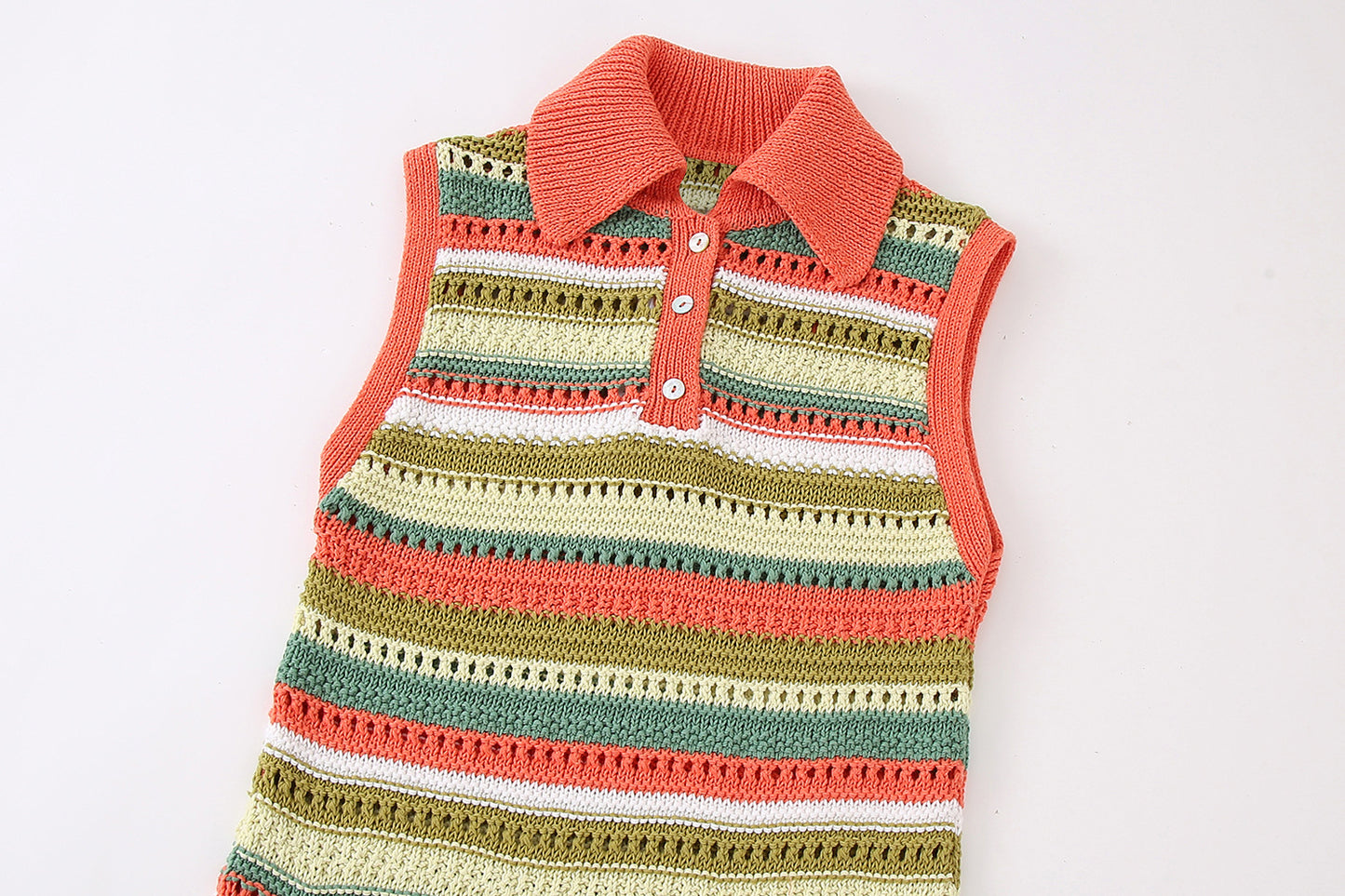 Women Fashion Stripe Knitted Dress Vacation Style Lapel Sleeveless Patch Pocket Front Button Female Mini Dresses