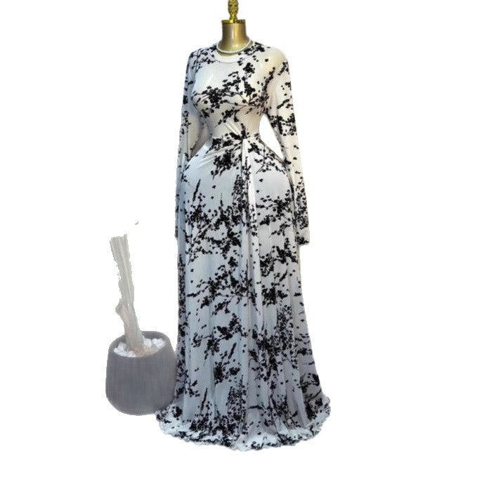 Printed Long Sleeve Sheer Mesh Pleated Maxi Dress for Women