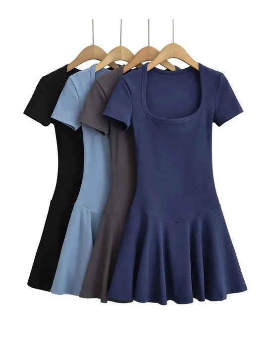 Summer Short Sleeve Square Collar Sports Dress With Shorts Women 4 Colors A-line Mini Dresses