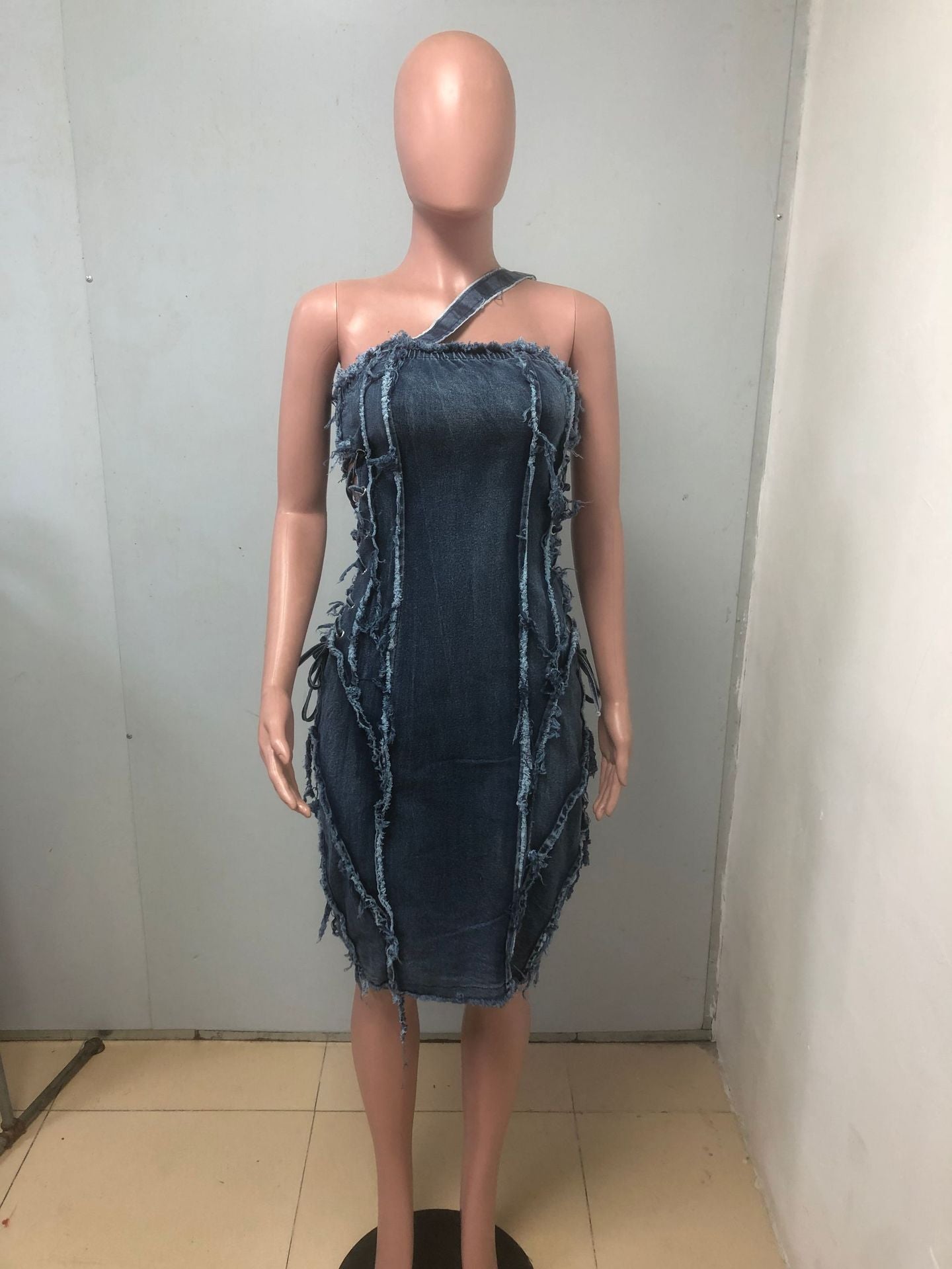 Fashion Women Denim Dress Adjustable Shoulder Strap Tassel Side Lace-up Elastic Zipper Mini Dresses