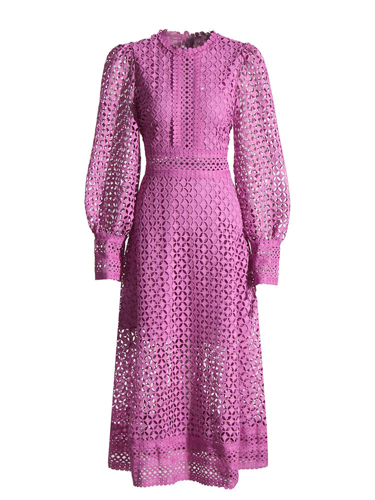 Embroidery Cut Out Midi Dress For Women Round Neck Long Sleeve High Waist Solid Minimalist Dresses Female Clothing