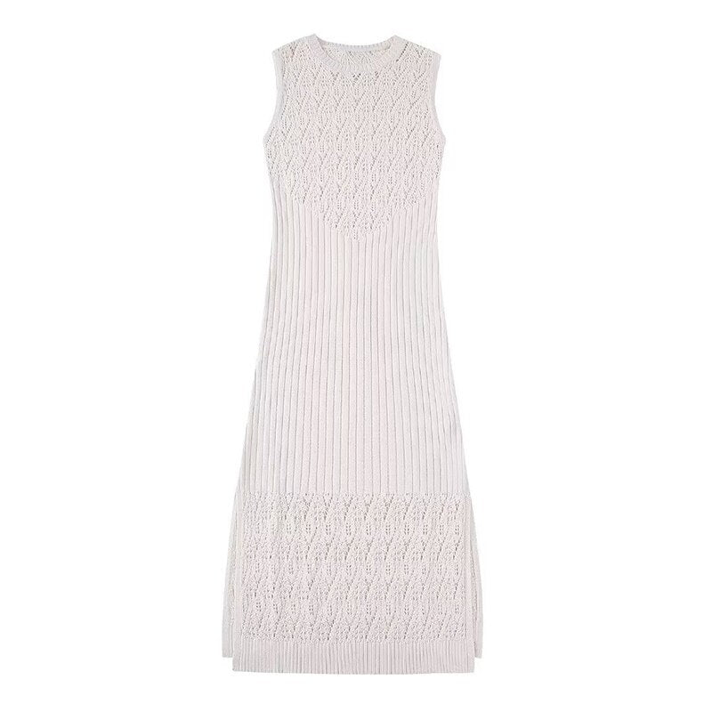 Women Sleeveless Knitted Slim Crochet Woven Dresss Fashion Cut Out Slim Split O Neck Long Dresses Hollowed Holiday Maxi Robe