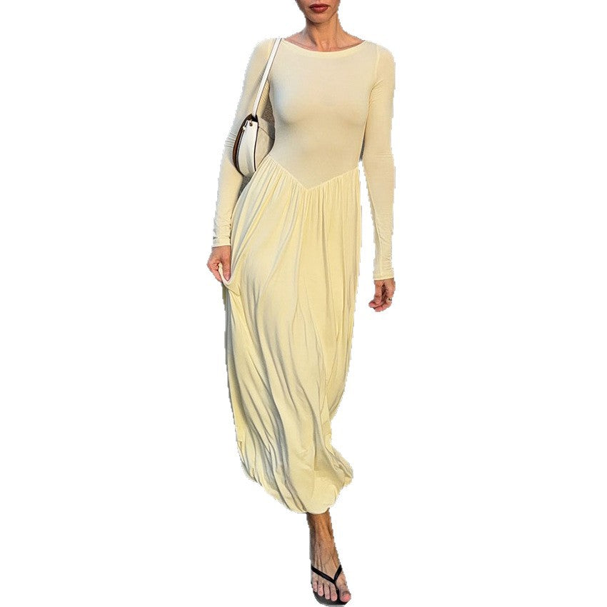 Round Neck Fitted Long Sleeve Maxi Dress with Design Sense