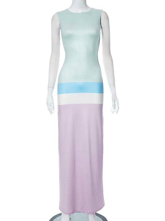 Contrast Sleeveless Bodycon Long Robes Female O-neck Hip Package Fashion Dresses Summer Ladies Slim Maxi Streetwear Dress
