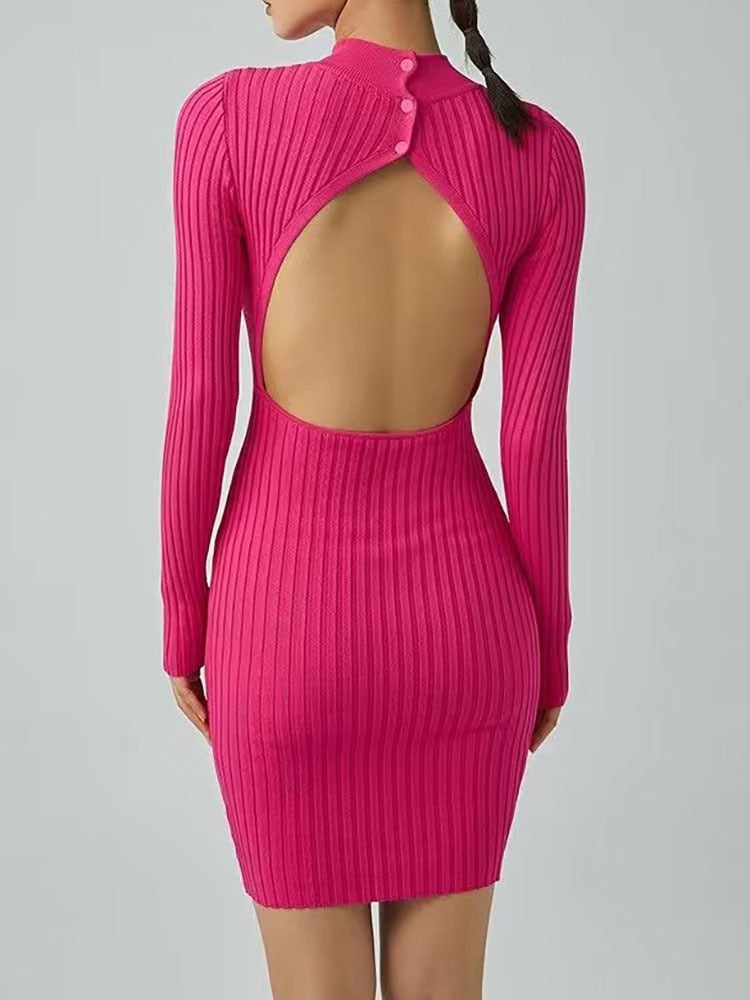 Fashion Women's Dress Stand Collar Slim Back Button Backless Long Sleeve Mini Knitted Dresses Autumn New