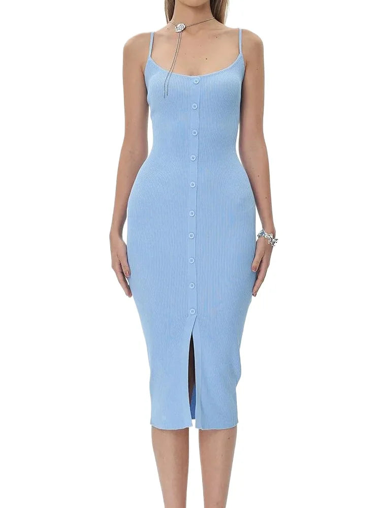 Summer Single Breasted Rib Knitted Dress Women Spaghetti Strap Midi Split Dresses