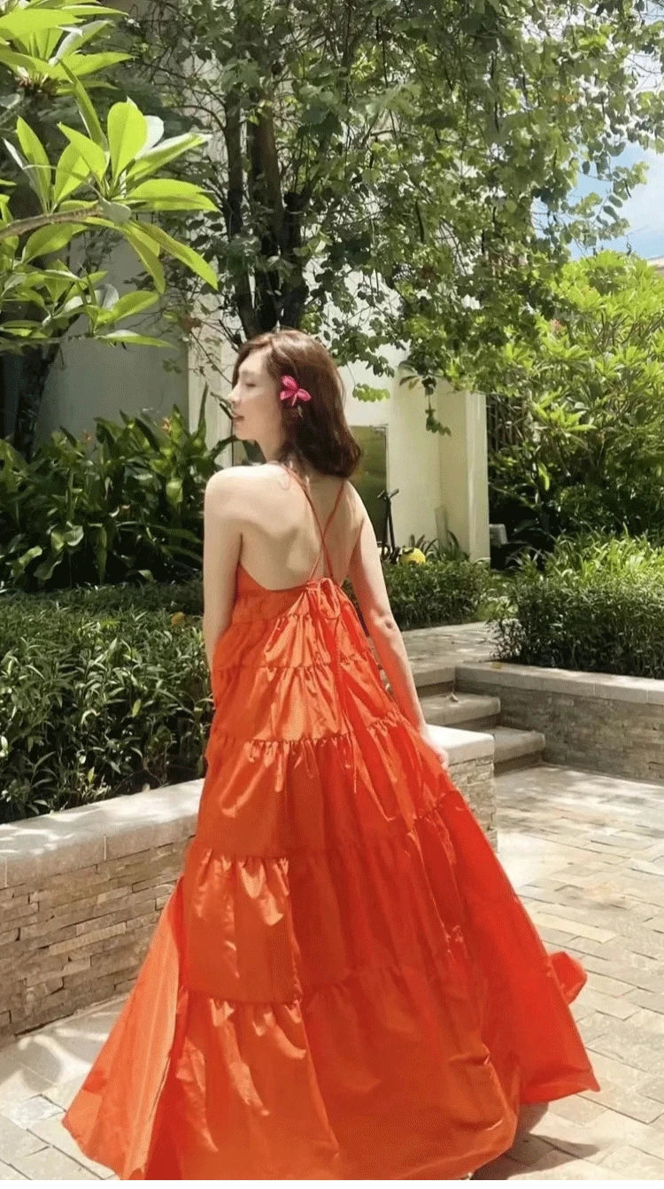 Fashion Solid Color A Line Summer Maxi Long Party Dresses Lady Cross Strap Open Back Sundresses