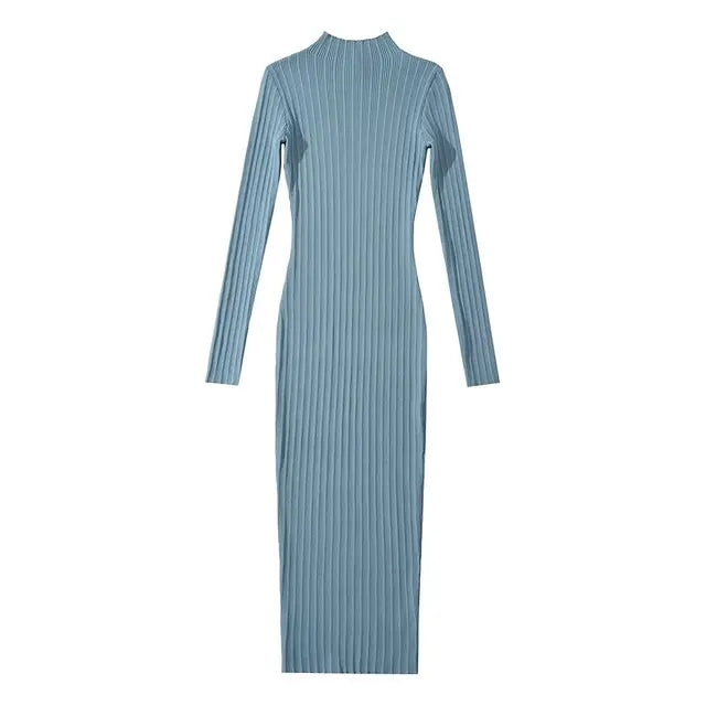 Women O-neck Long Sleeve Party Dresses Knitted 4 Colors Stretchable Slim Midi Dresses vestido feminino