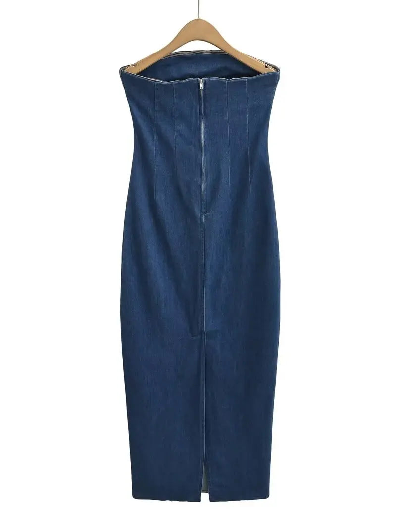 Summer Off Shoulder Blue Denim Dress Women Elegant Zipper Backless Midi Dresses