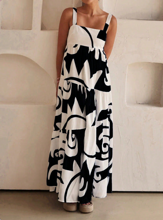 Chiffon Printed Pleated Maxi Dress with Straps and Flared Skirt