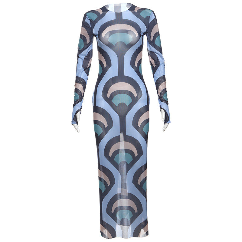 Women's Fashion Color Match Print Long Sleeve Dress Lady Elegant Round Neck Sheath Maxi Dresses Chic Female Beach Vacation Robes