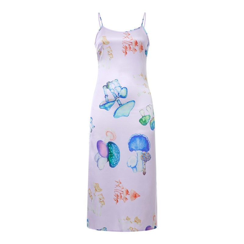 Women's Spaghetti Strap V Neck Mushroom Print Long Dress Summer Sleeveless Midi Dress Elegant Evening Party Dresses