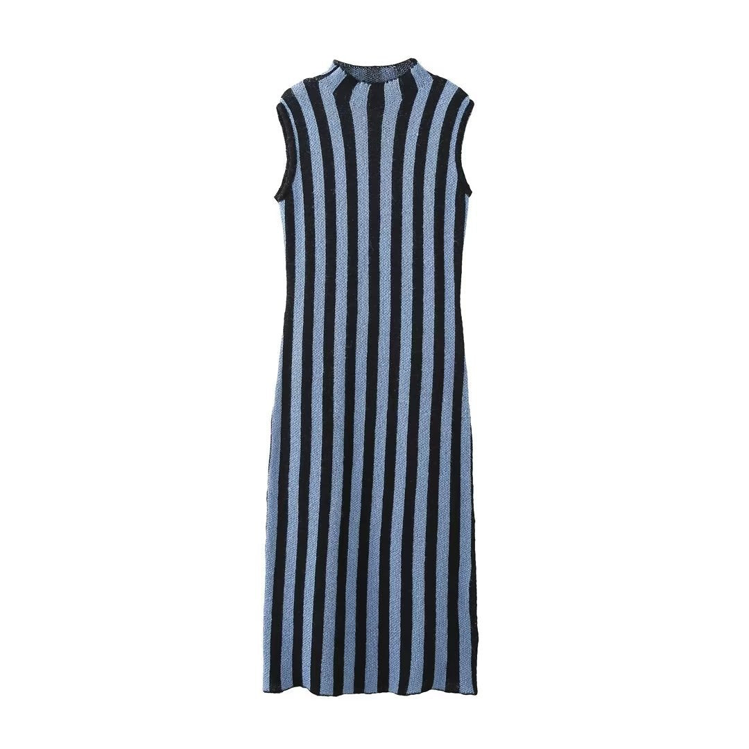 Women's FashionContrast Stripe Knitted Dress Women High Street High Neck Sleeveless Versatile Female Midi Dresses