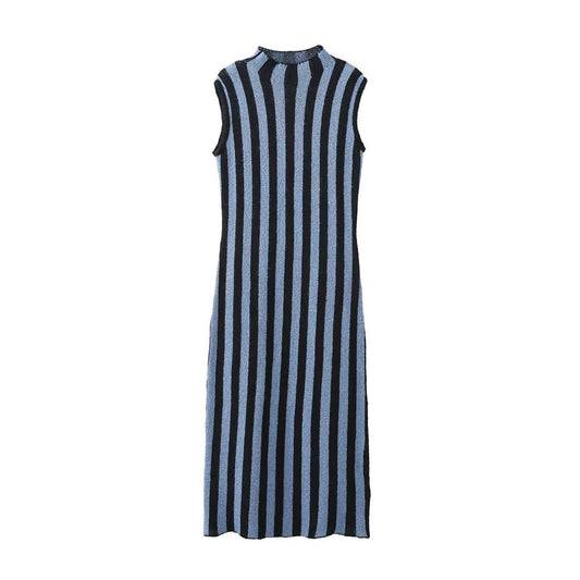 Women's FashionContrast Stripe Knitted Dress Women High Street High Neck Sleeveless Versatile Female Midi Dresses