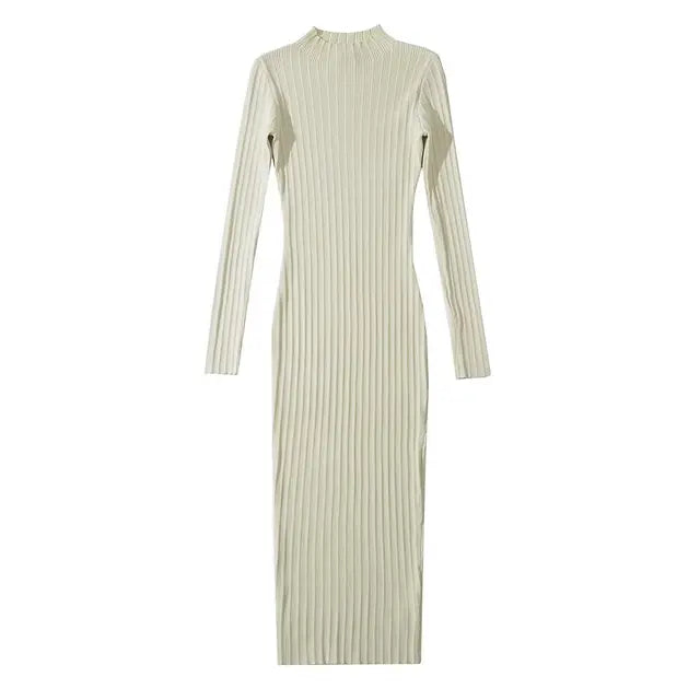 Women O-neck Long Sleeve Party Dresses Knitted 4 Colors Stretchable Slim Midi Dresses vestido feminino