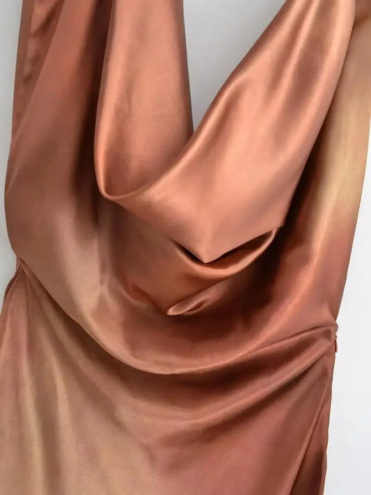 Sexy Swinging Collar Backless Midi Dress Women Summer Sleeveless Satin Dresses