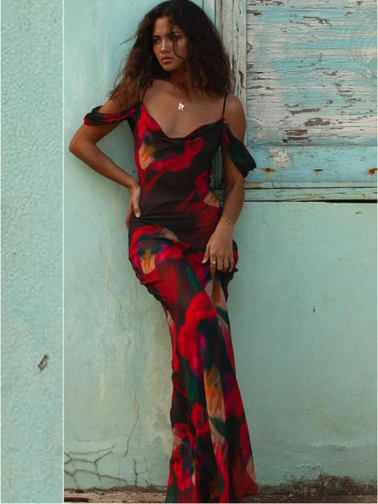 Women Summer Elegant Print Slip Mesh See Through Maxi Dress Beach Holiday Sleeveless Party Dresses Vestidos