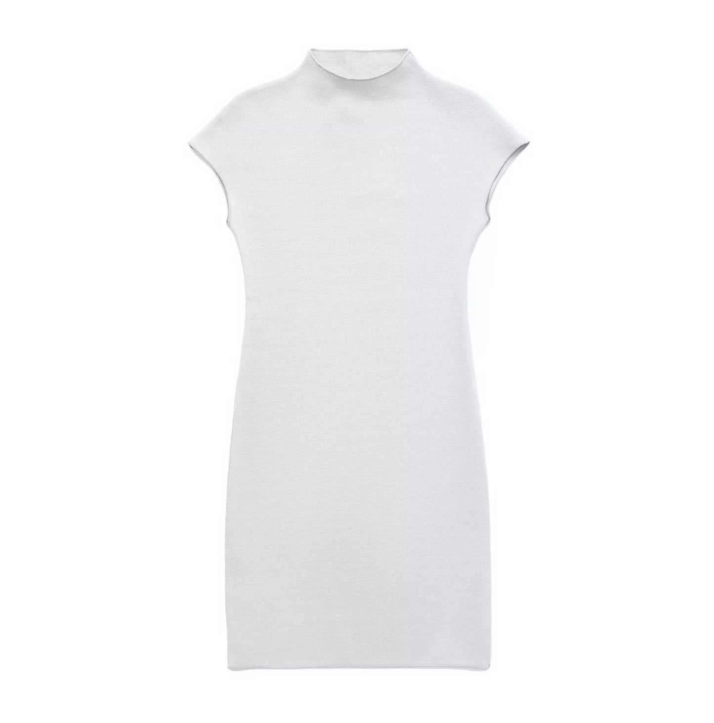 Women Fashion Stretch Knit Mini Dress Vintage High Neck Sleeveless Female Dresses Vestidos Mujer