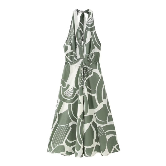 Beach Vacation A-Line Printed Women Halter Dress Backless Sleeveless Robe Female Midi Long Dresses  Summer