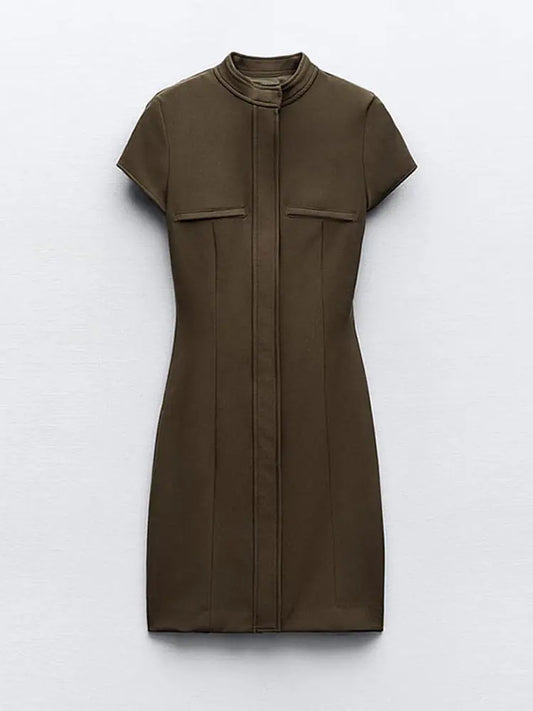 Women O Neck Zipper Dress Elegant Solid Fashion Short Sleeve H-line Mini Dresses  Lady Spring Chic High Street Pleated Robes