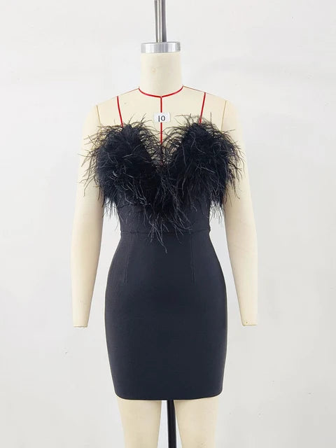 Solid Patchwork Feathers Slimming Mini Dresses For Women Strapless Sleeveless High Waist Bodycon Dress Female New