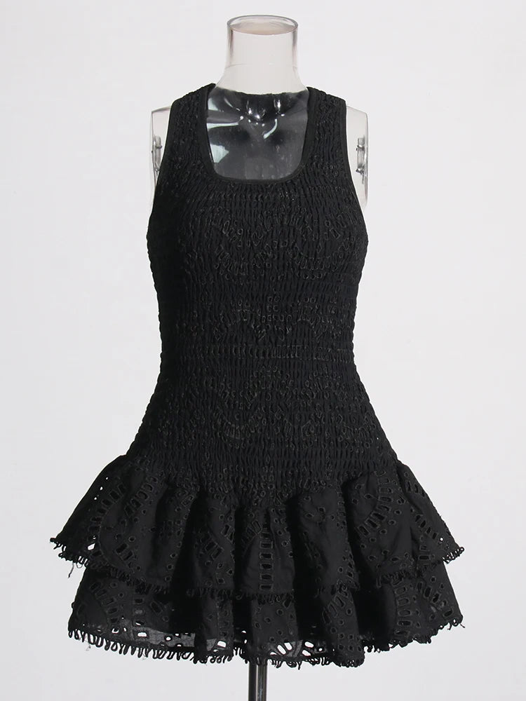 Solid Slimming Mini Dress For Women Round Neck Sleeveless High Waist Temperament A Line Dresses Female Fashion New