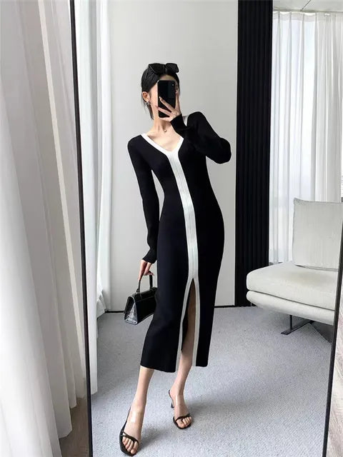 French Women Tight Split Knitted Long Dress Spring Autumn Black White Long Sleeve Midi V Neck Sexy Dresses Elastic