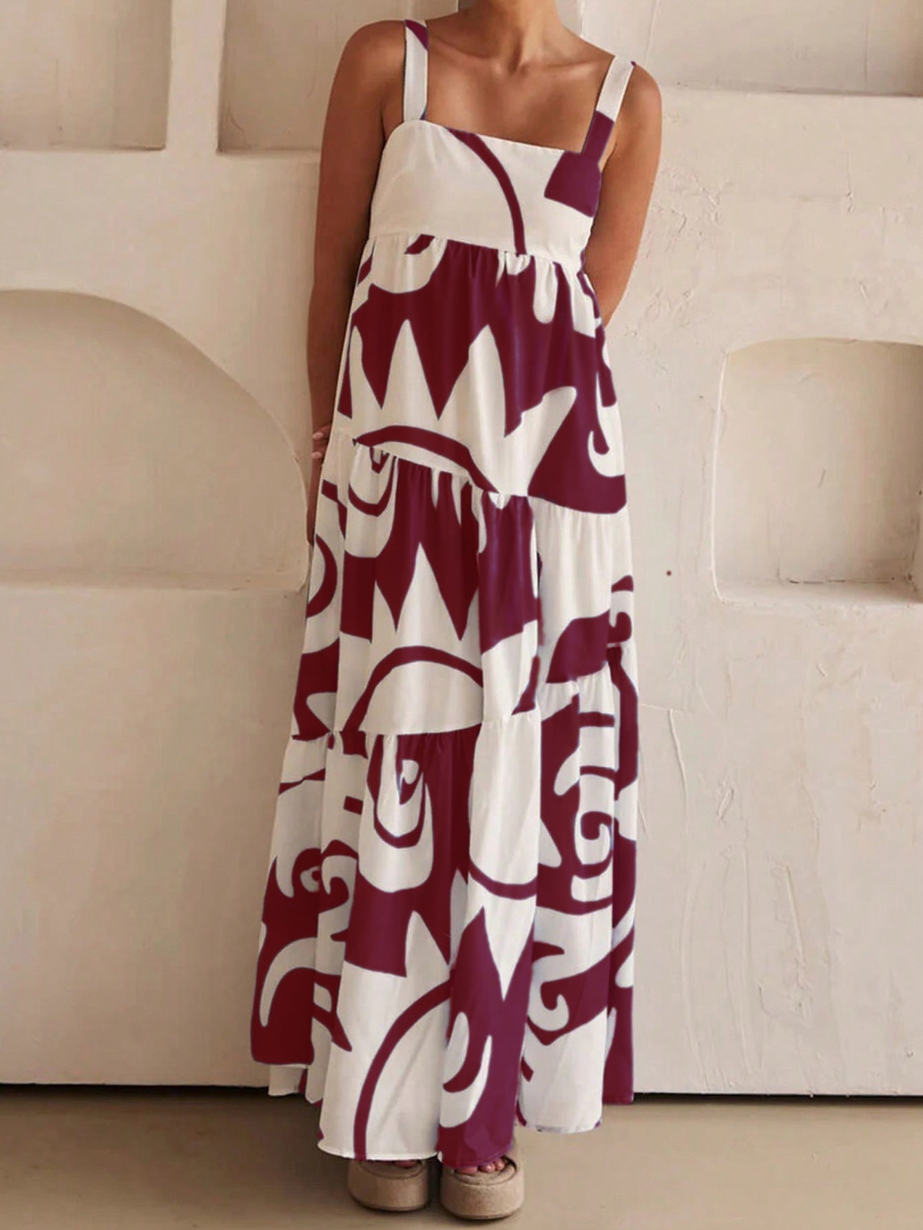 Chiffon Printed Pleated Maxi Dress with Straps and Flared Skirt