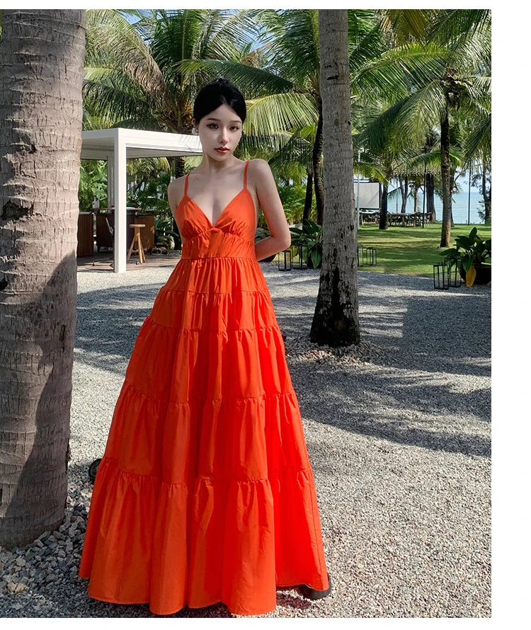 Fashion Solid Color A Line Summer Maxi Long Party Dresses Lady Cross Strap Open Back Sundresses