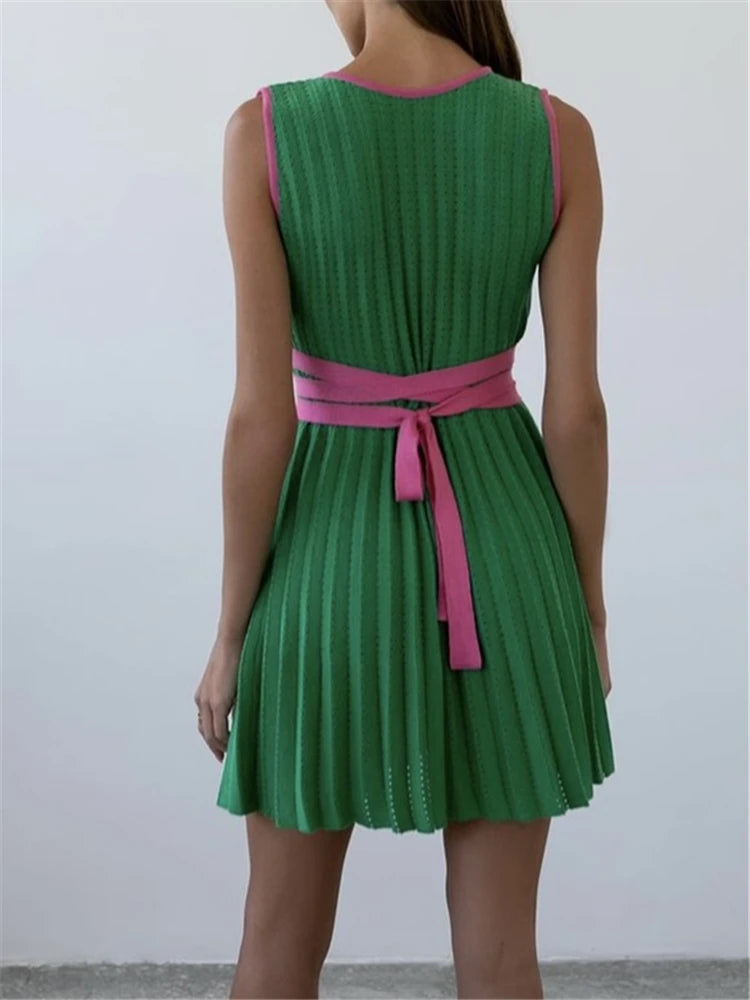 Summer Deep V-Neck Knitted Women's Dresses High Waist Lace Up Casual Sleeveless Solid Sexy Mini Dresses Female Ladies